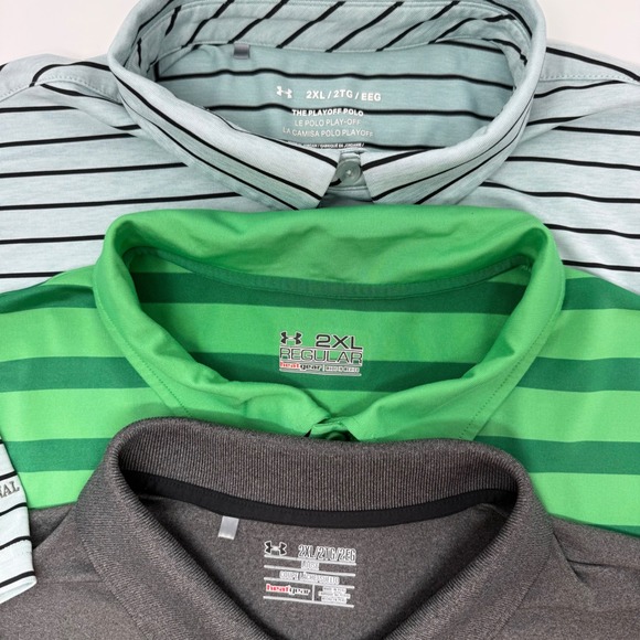Under Armour Lot of 3 HeatGear Polo Shirts Mens 2XL Gray Green Blue Striped - Picture 2 of 9